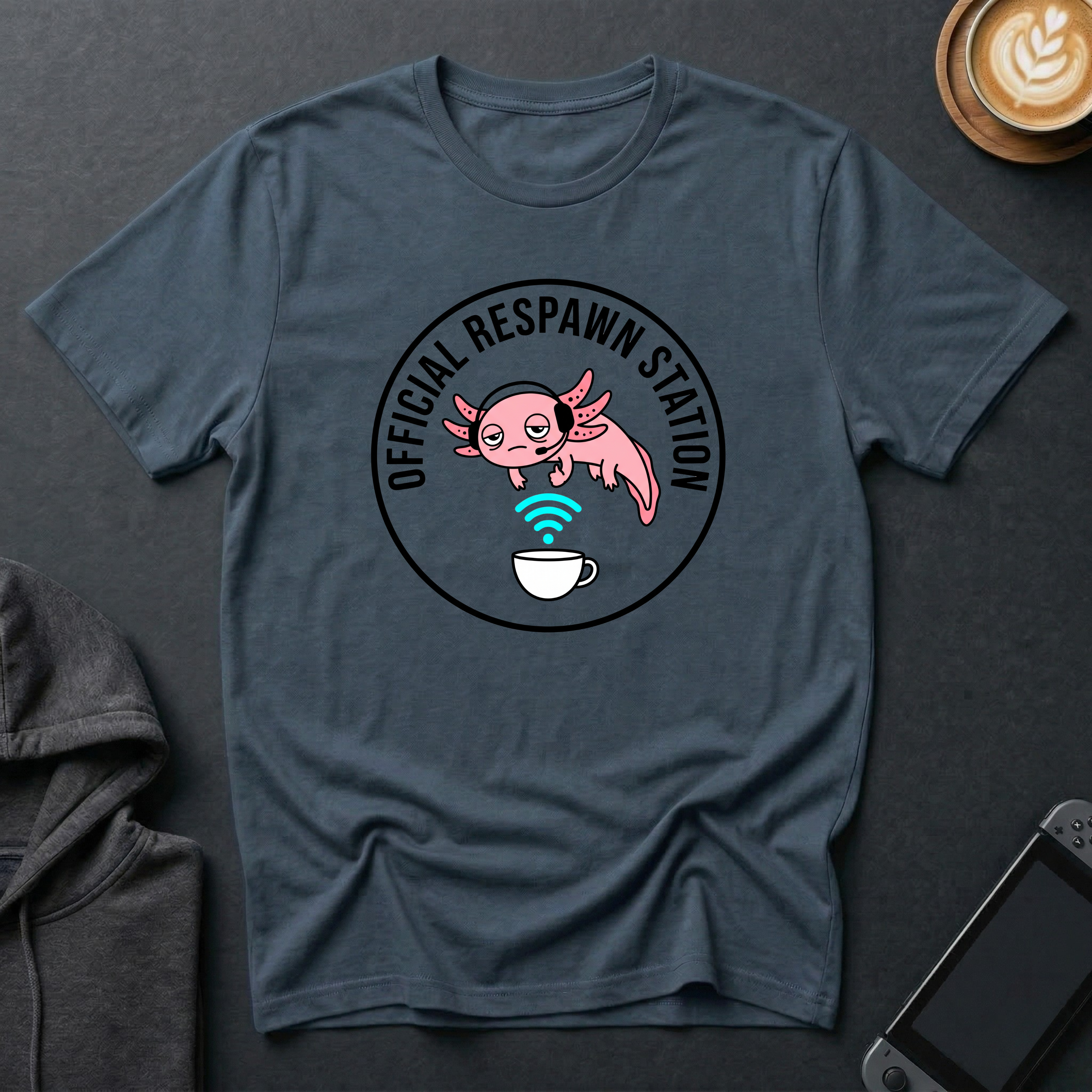 Not Dead Yet Axolotl T-Shirt with quirky design featuring an axolotl and coffee cup, perfect for humorous graphic tee fans.