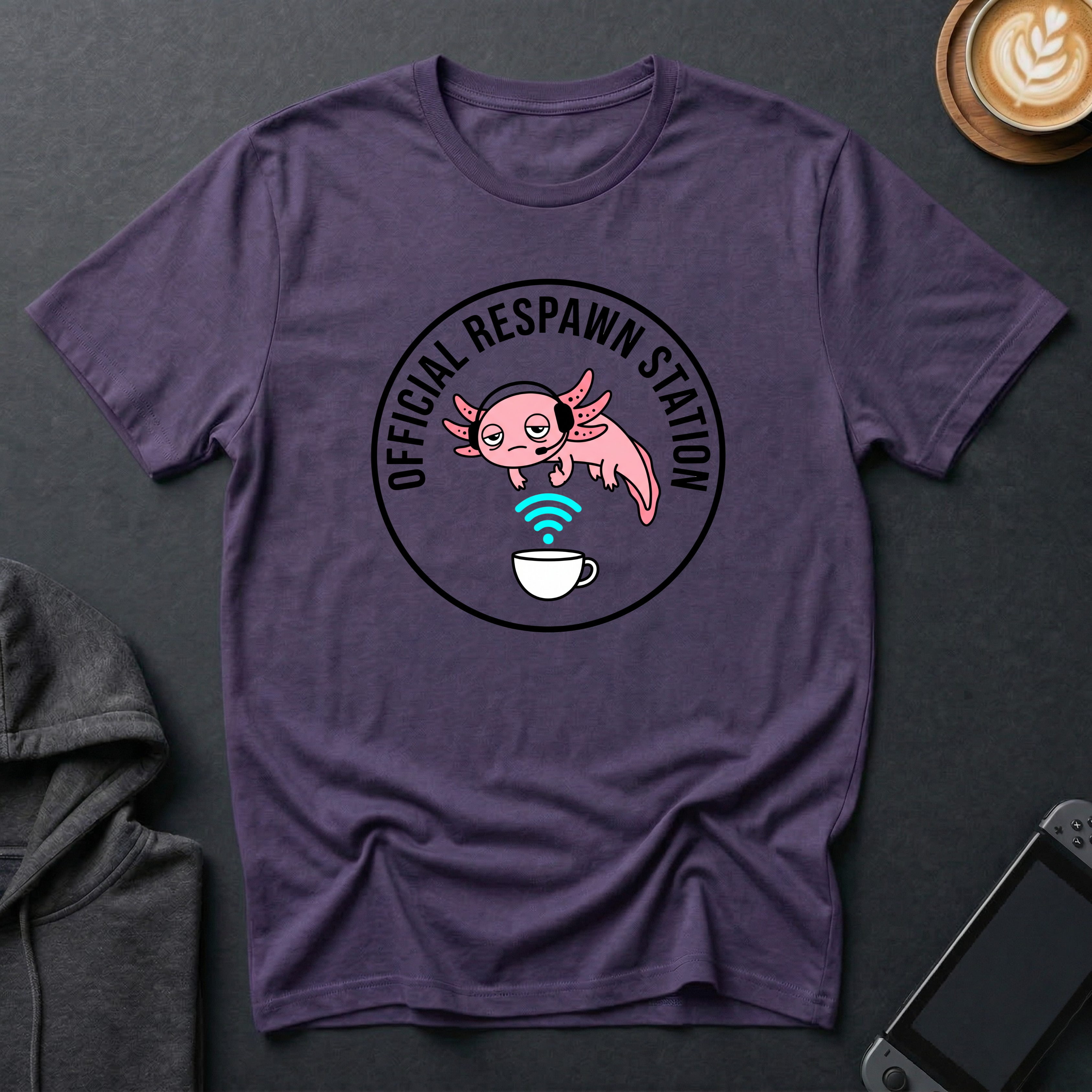 Not Dead Yet Axolotl T-Shirt featuring cute axolotl graphic with "Official Respawn Station" text.
