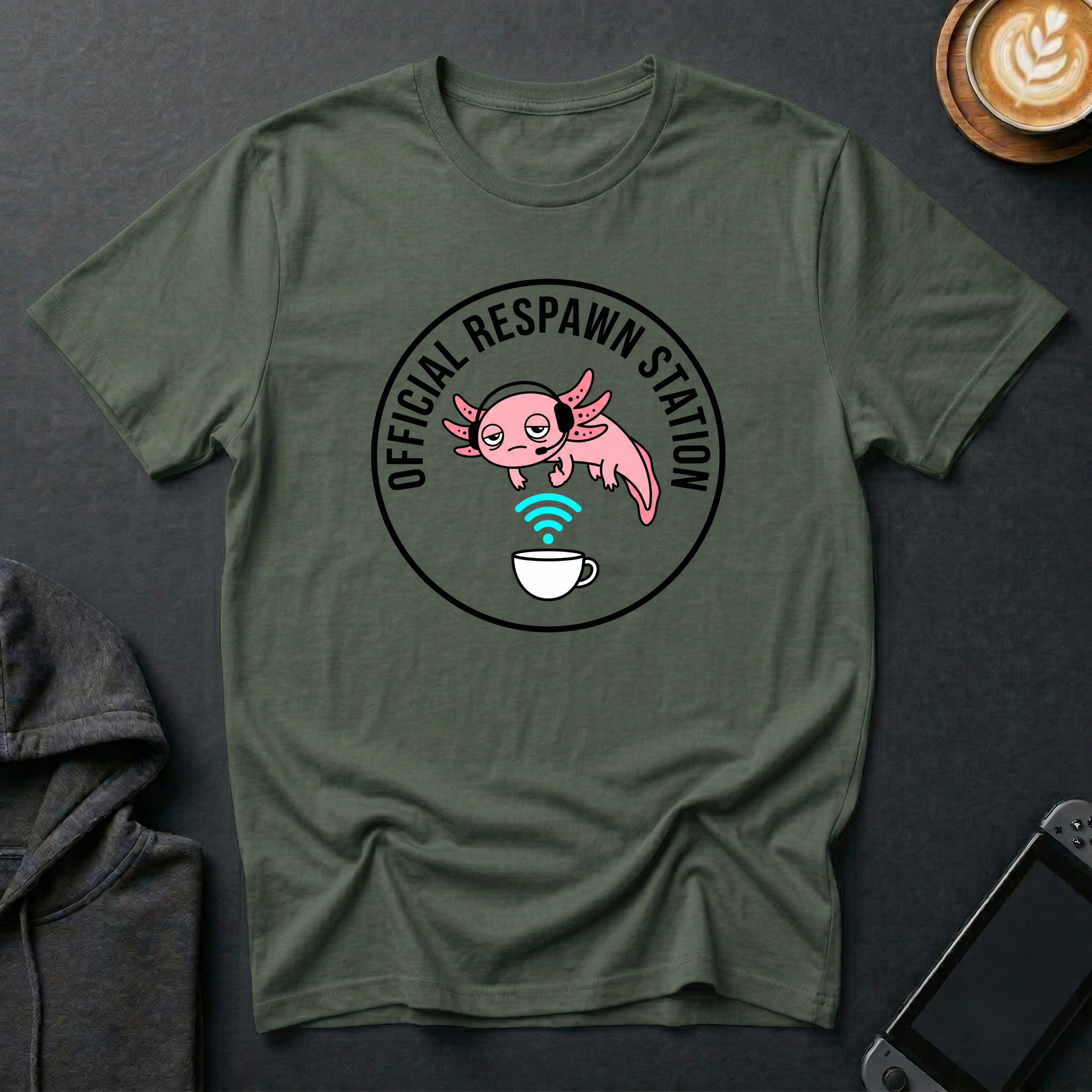 Not Dead Yet Axolotl T-Shirt featuring an axolotl design with 'Official Respawn Station' text.
