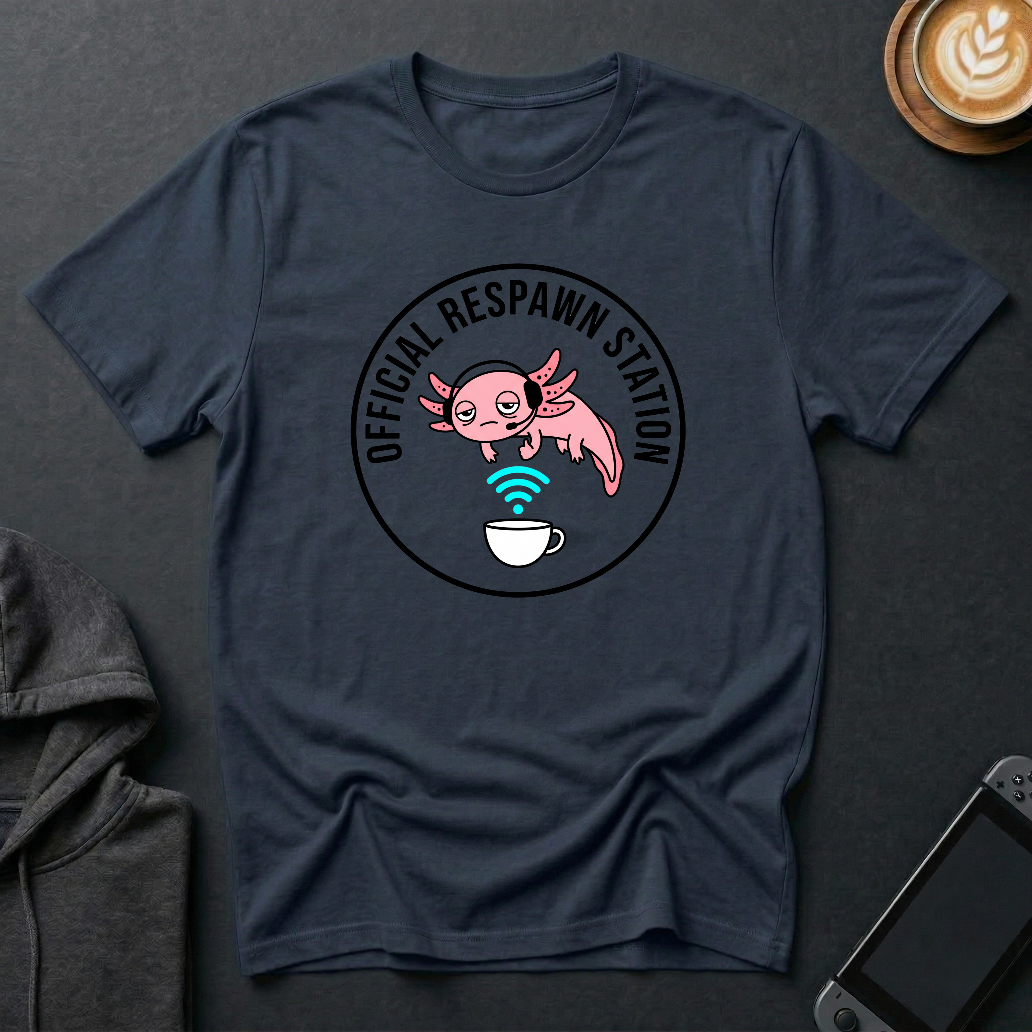 Not Dead Yet Axolotl T-Shirt featuring an adorable axolotl graphic and 'Official Respawn Station' text.