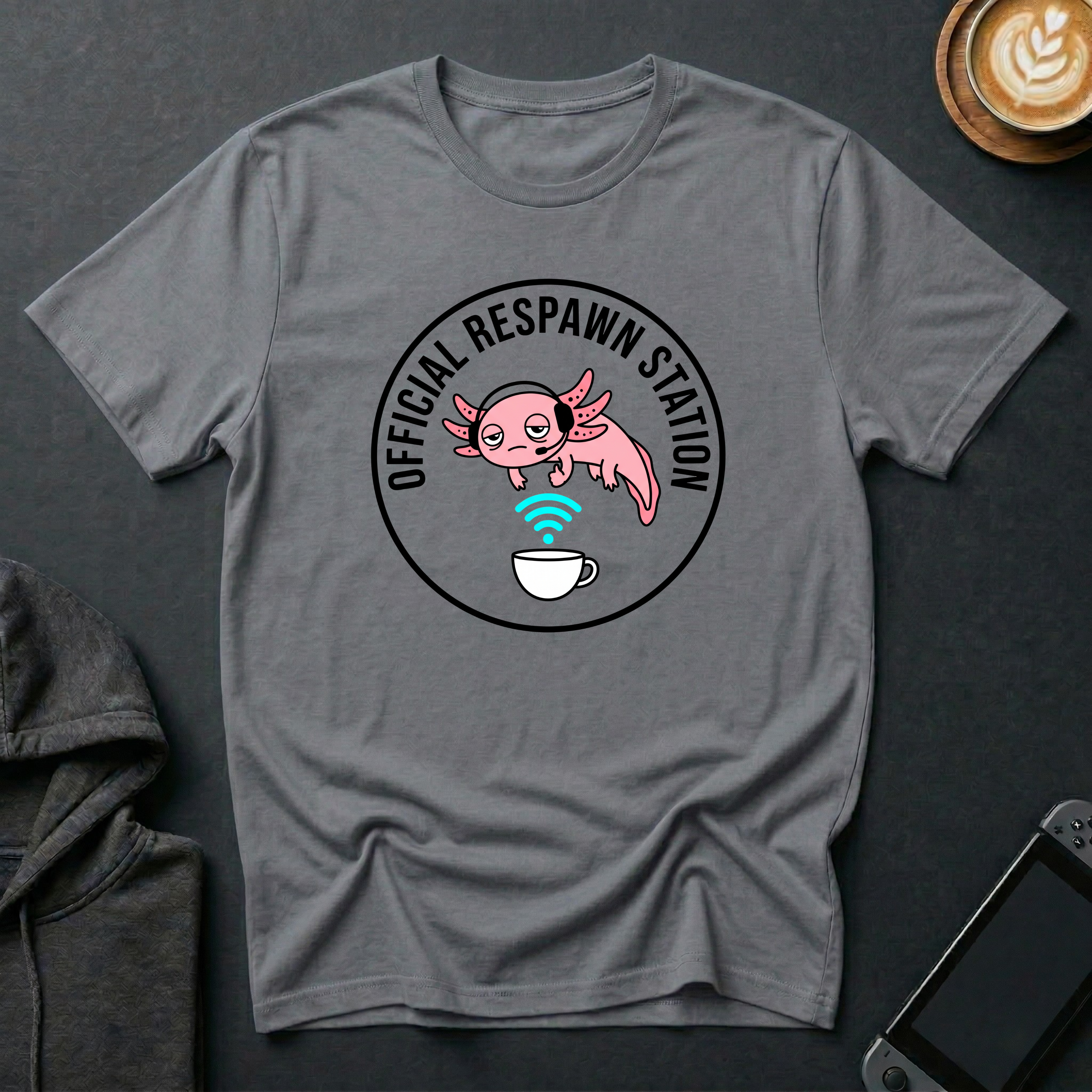 Not Dead Yet Axolotl T-Shirt featuring a cute axolotl and 'OFFICIAL RESPAWN STATION' design on a gray tee.