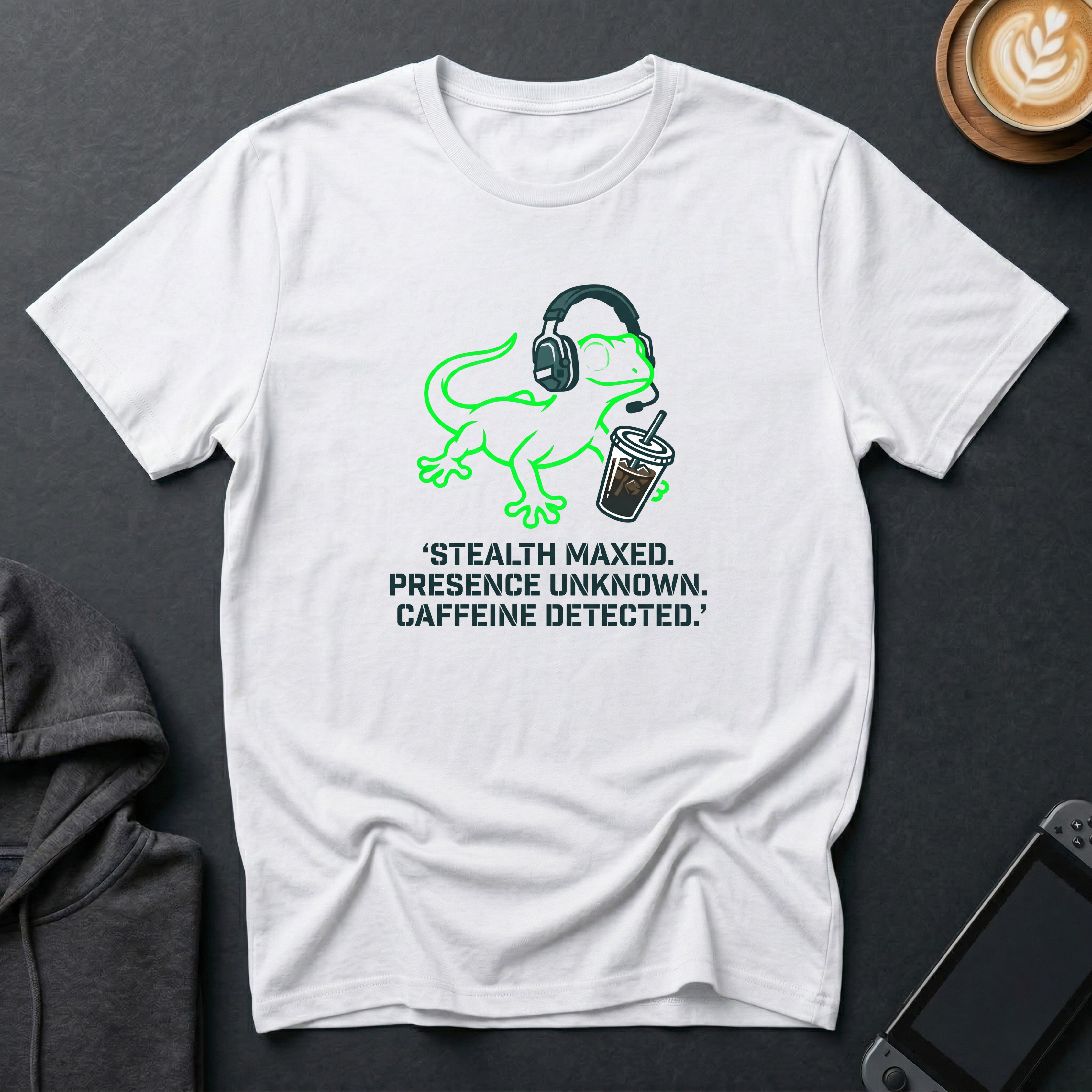 Ghost Gecko T-Shirt front view with cute cartoon gecko design