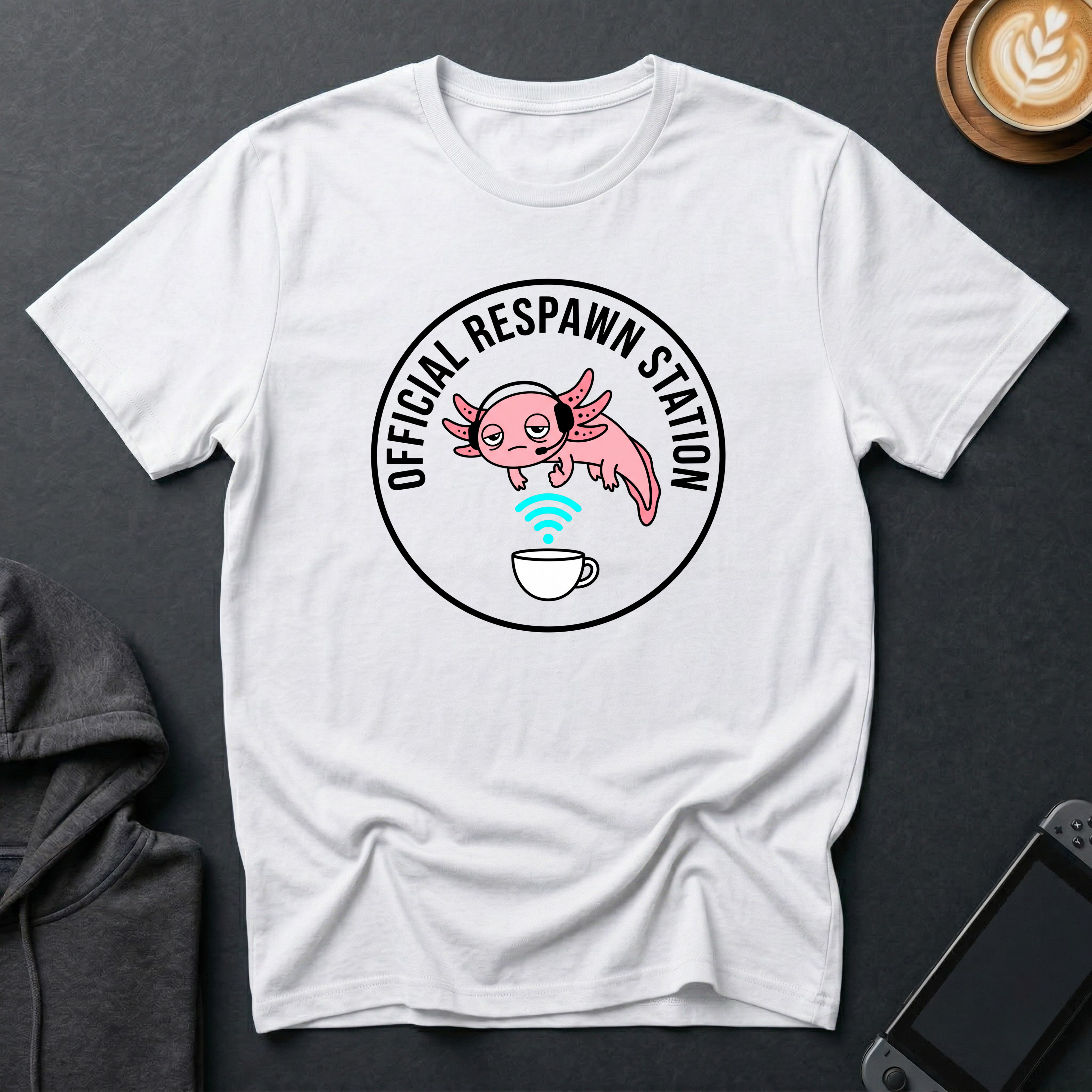 Not Dead Yet Axolotl T-Shirt featuring cute axolotl with "Official Respawn Station" graphics on a white tee.